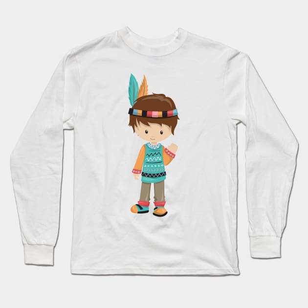 Native American Boy, Cute Boy, Brown Hair Long Sleeve T-Shirt by Jelena Dunčević